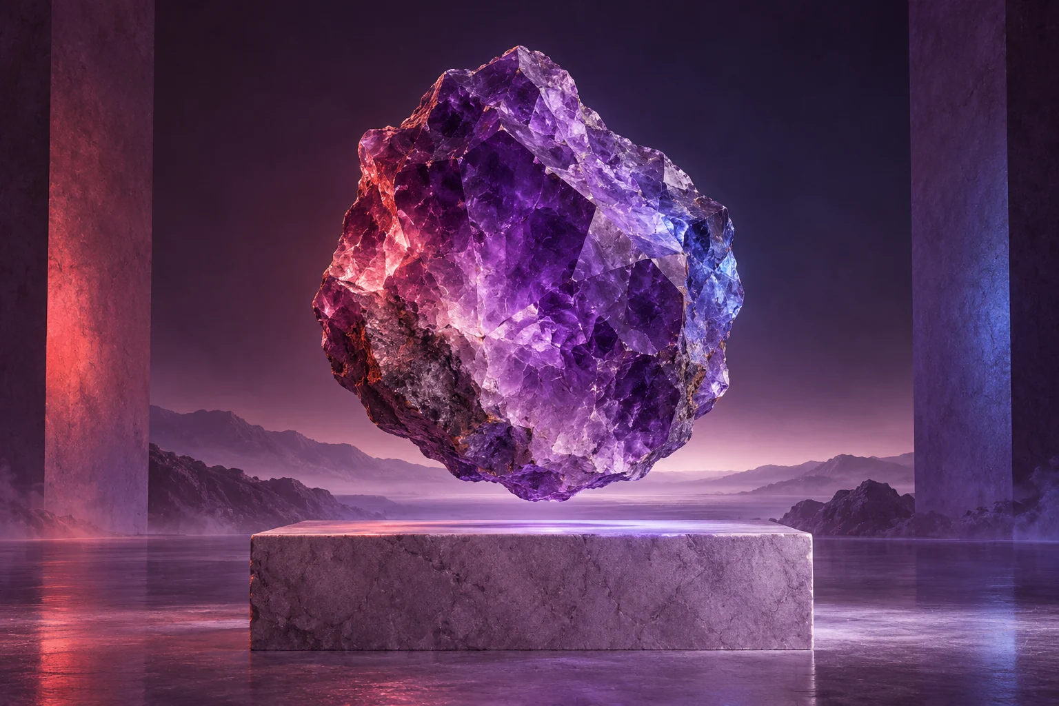A sculptural amethyst rock suspended above a stone plinth, lit in red and blue