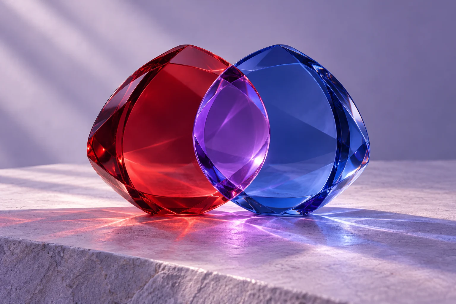 Ruby and cobalt glass forms meet in a violet intersection